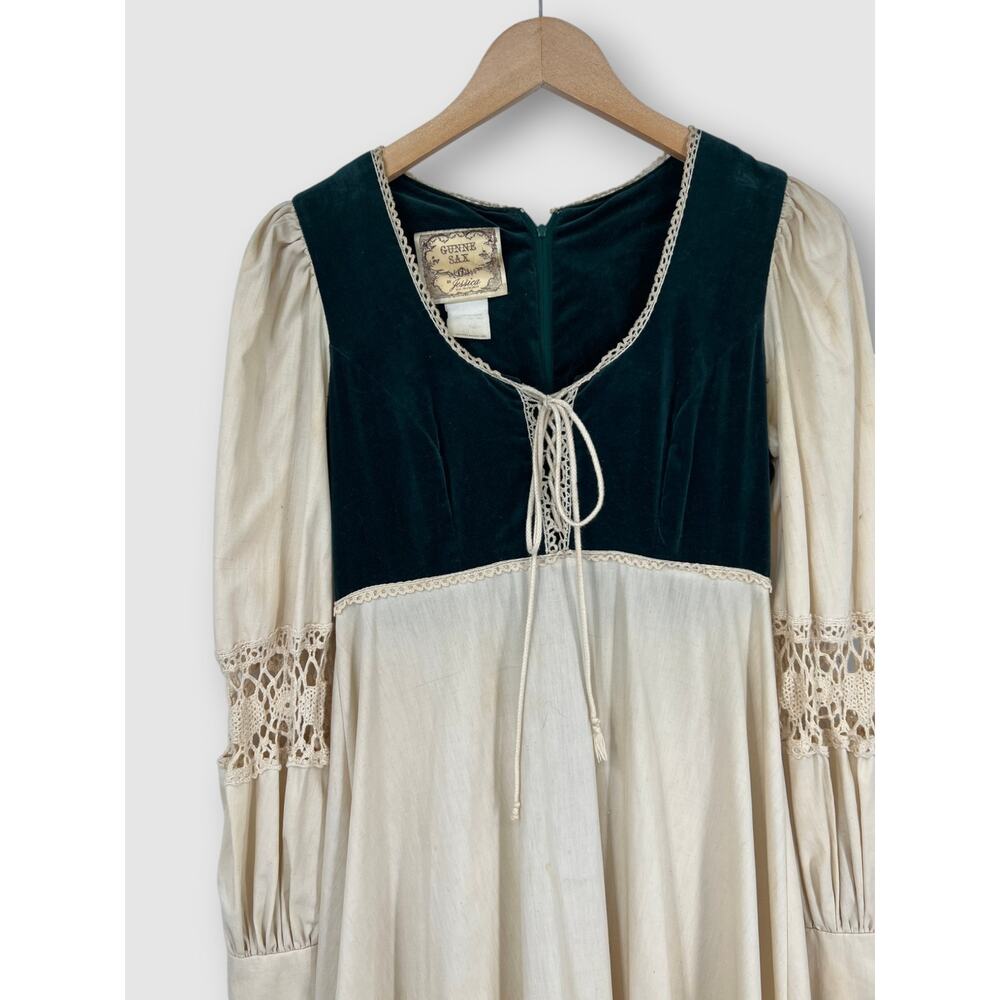 70s Vintage Gunne Sax Prairie Maxi Dress Forest Green Velvet Bodice Cream Cotton - Picture 7 of 7